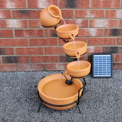 Kaskadenbrunnen Solar mit Akku – Terracotta, Harz, 56x44x50cm, 7m Kabel
