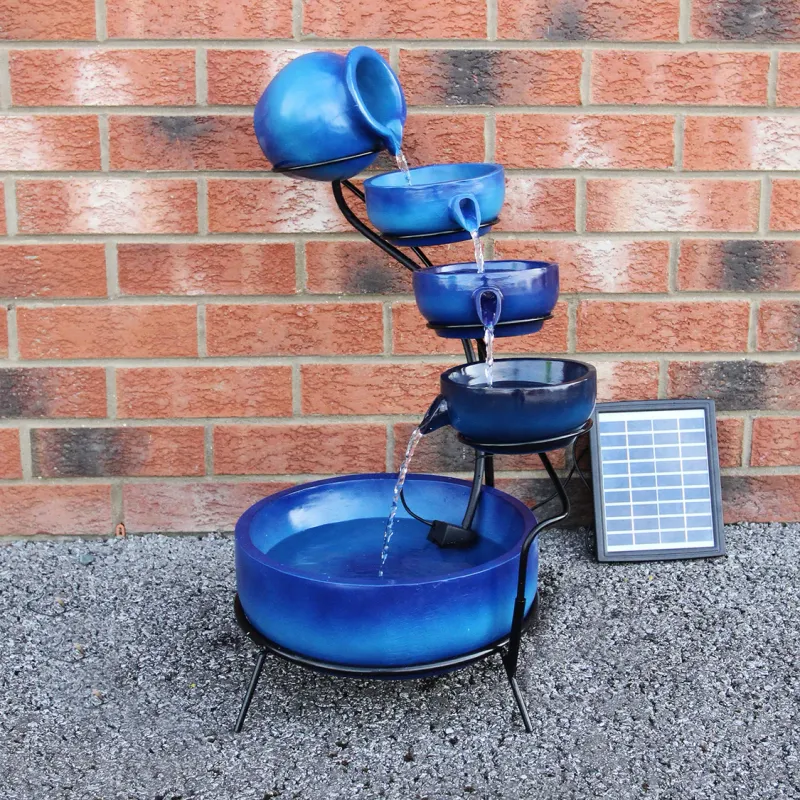 Solar Gartenbunnen Kaskadenbrunnen mit Akku – Blau, Harz, 56x44x50cm, 7m Kabel