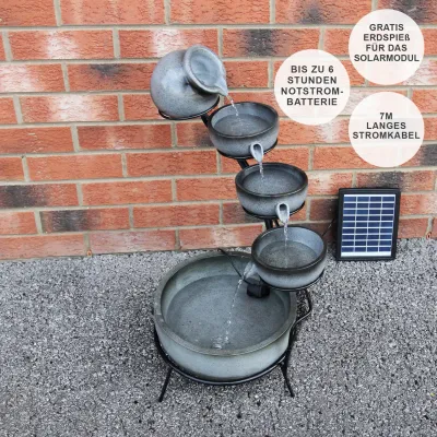 Solar Springbrunnen Kaskadenbrunnen mit Akku – Grau, Harz, 56x44x50cm, 7m Kabel