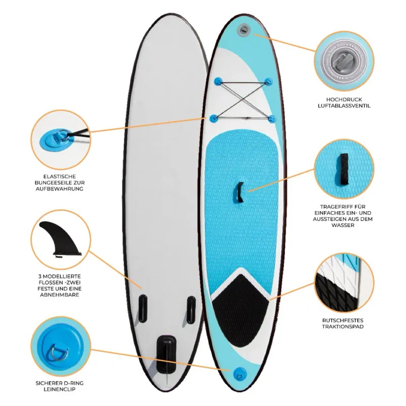 Aufblasbares Stand Up Paddle Board Set – Blau, 307x72x11cm, inkl. Paddel, Pumpe & Tasche