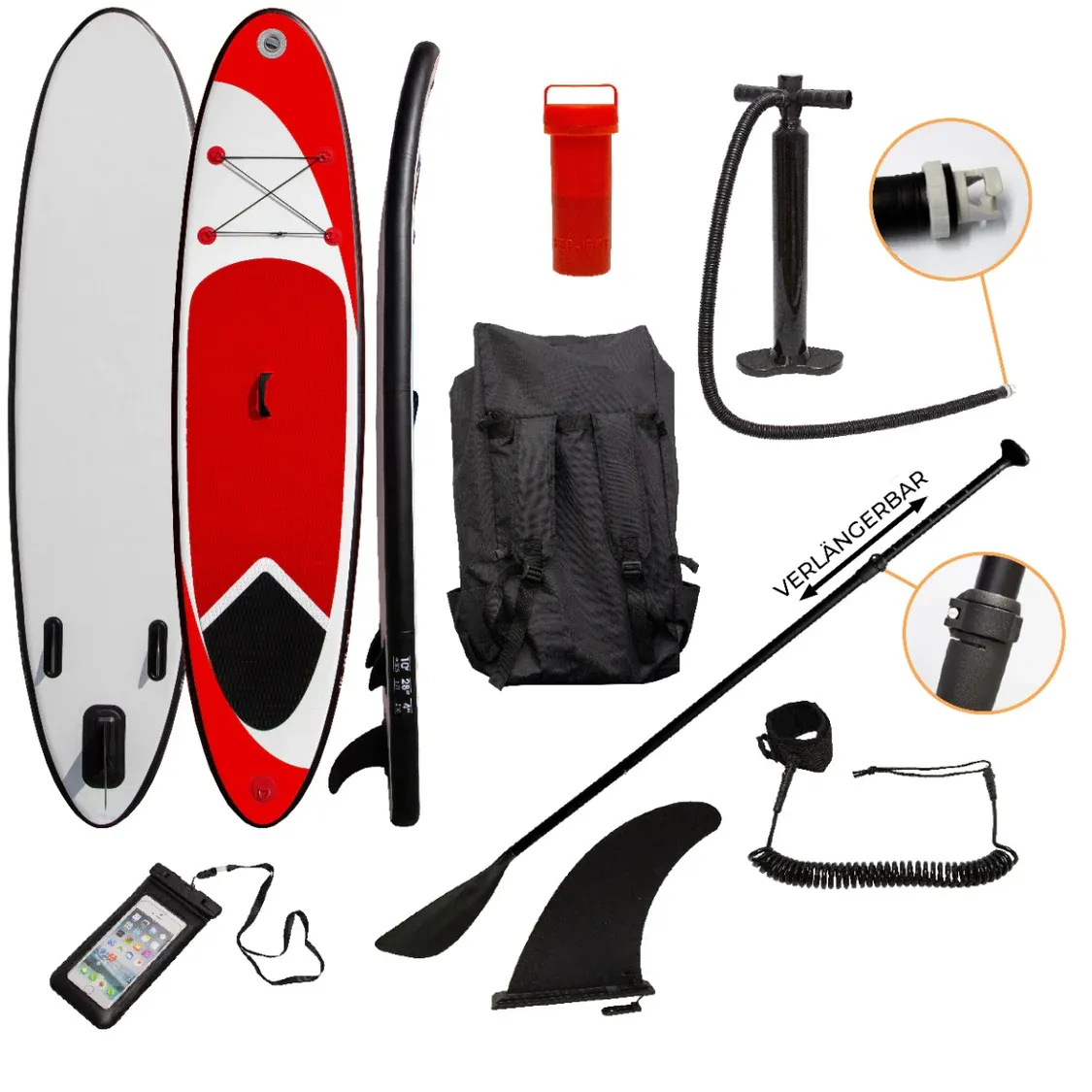 Aufblasbares Stand Up Paddle Board Set – Rot, 307x72x11cm, inkl. Paddel, Pumpe &amp; Tasche