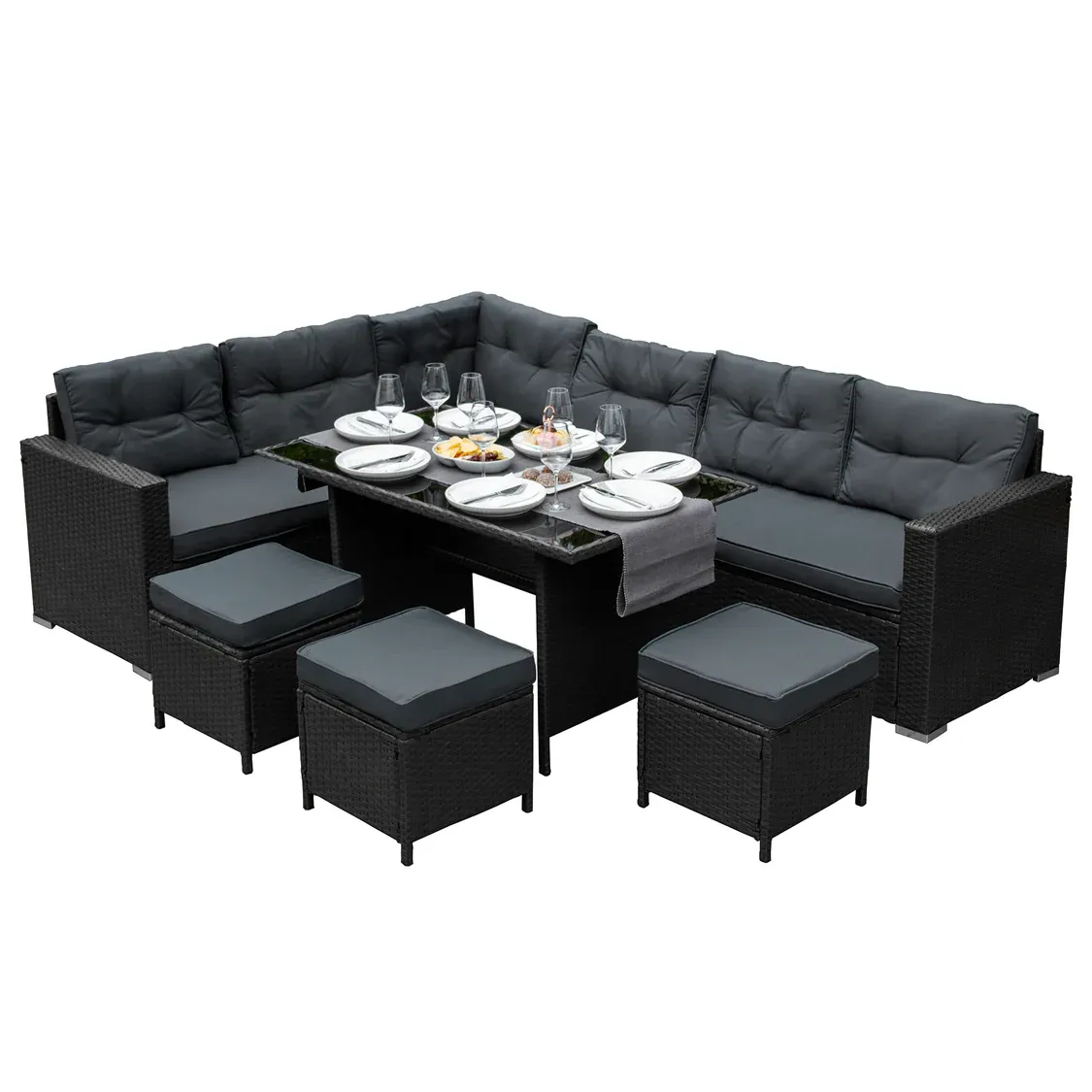 Polyrattan Gartenmöbel Set schwarz – Eckgarnitur für 9 Personen mit Tisch und Regenschutz