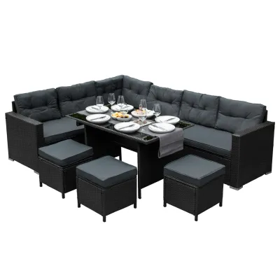 Polyrattan Gartenmöbel Set schwarz – Eckgarnitur für 9 Personen mit Tisch und Regenschutz
