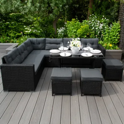 Polyrattan Gartenmöbel Set schwarz – Eckgarnitur für 9 Personen mit Tisch und Regenschutz