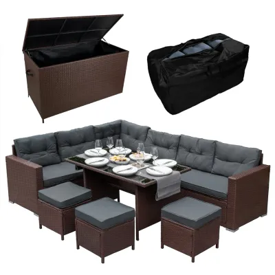 Polyrattan Gartenmöbel Set braun – Rattan Eckgarnitur für 9 Personen mit Kissenbox + Regenschutz
