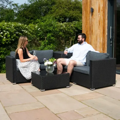 Rattan Gartenmöbel Set modular 6‑teilig mit 700L Aufbewahrungsbox – Grau mit Regenschutz