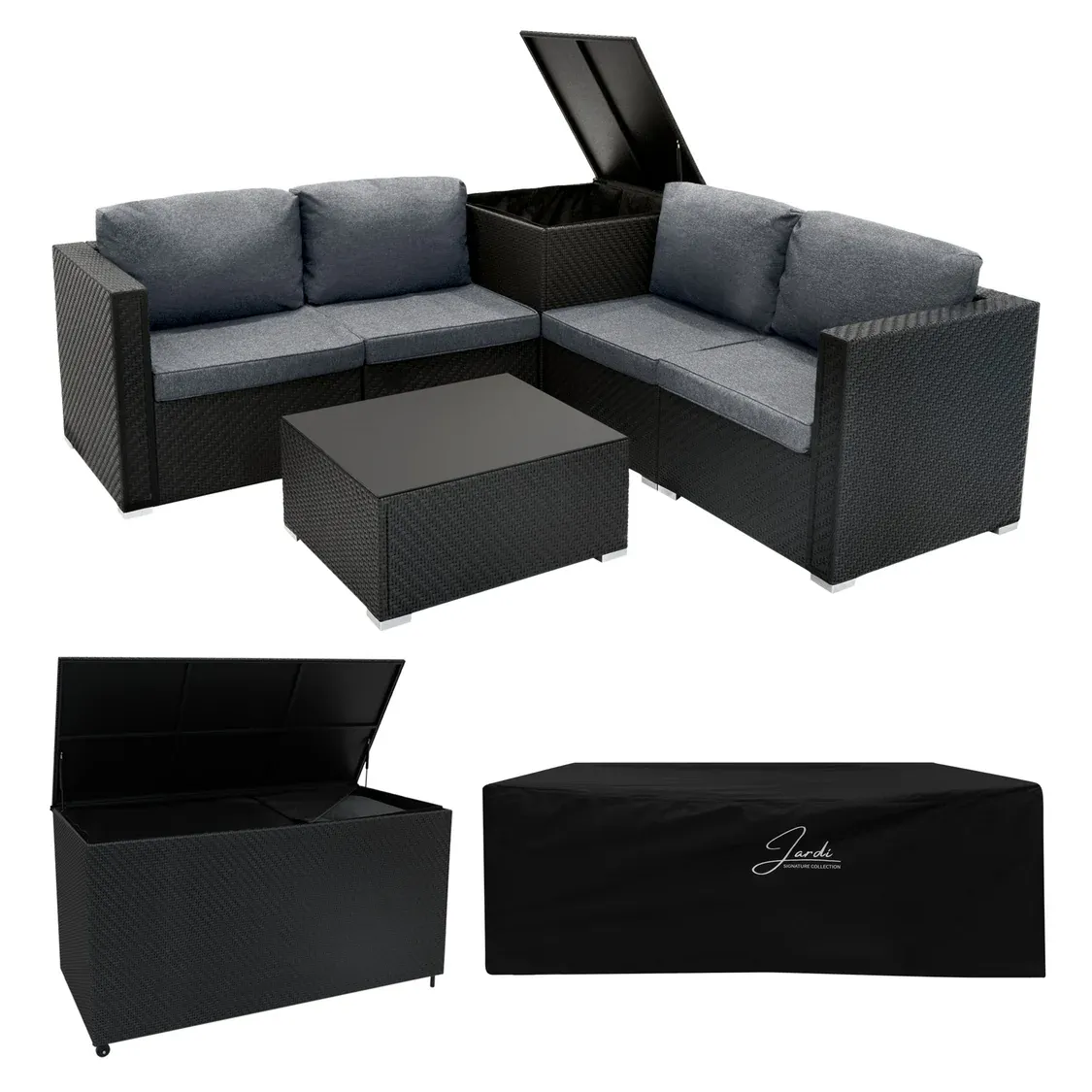 Rattan modulares 6‑teiliges Möbelset schwarz mit 996L Aufbewahrungsbox – inkl. Tisch und Regenschutz