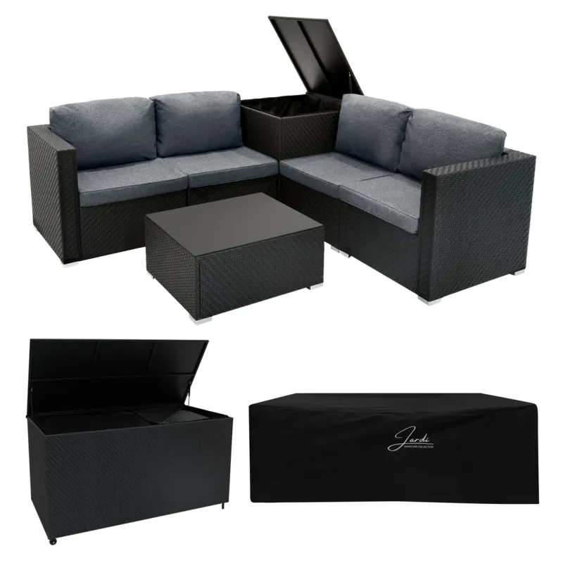 Rattan modulares 6‑teiliges Möbelset schwarz mit 996L Aufbewahrungsbox – inkl. Tisch und Regenschutz