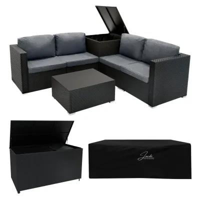 Rattan modulares 6‑teiliges Möbelset schwarz mit 996L Aufbewahrungsbox – inkl. Tisch und Regenschutz