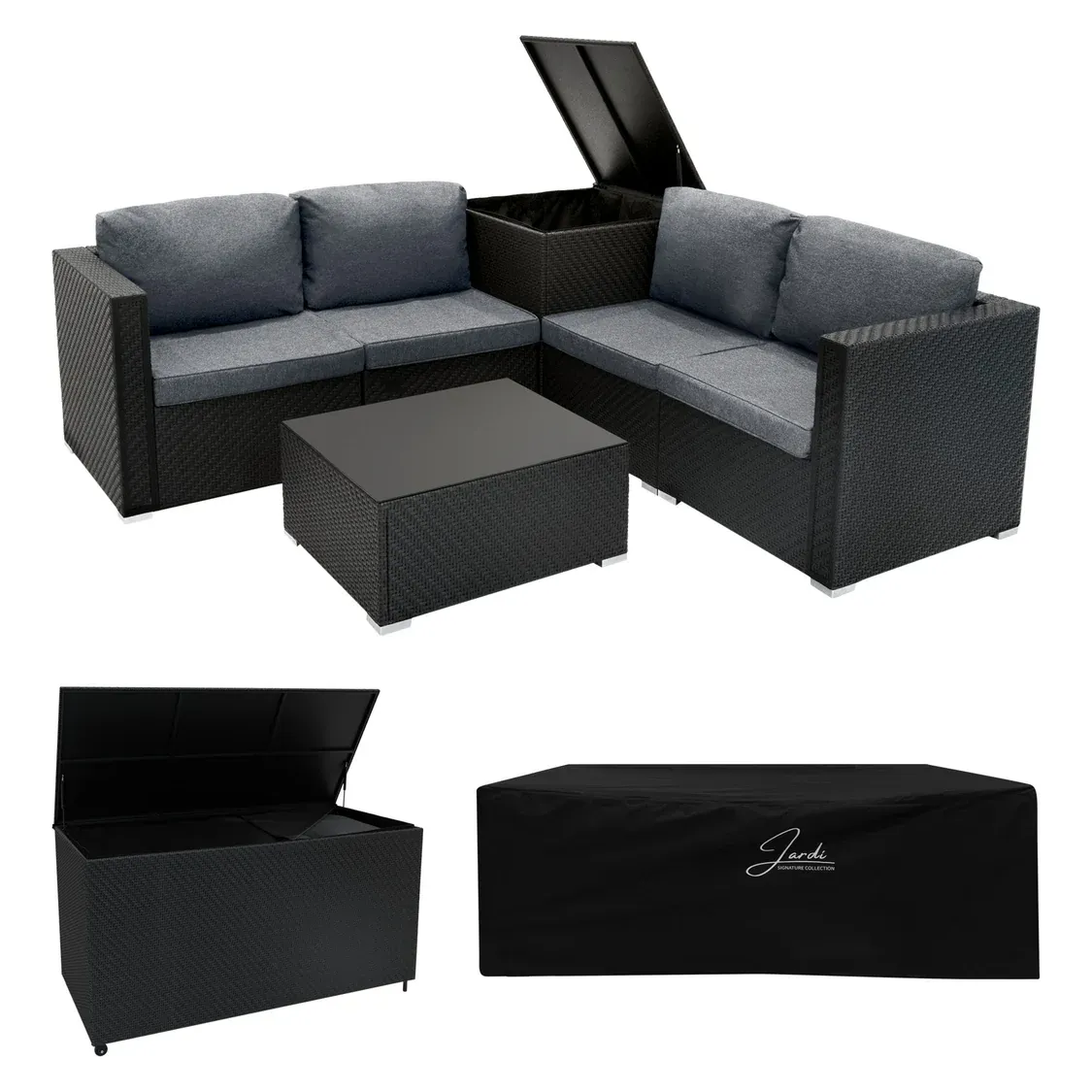 Rattan Gartenmöbel Set modular 6‑teilig mit 700L Aufbewahrungsbox – Schwarz + Regenschutz