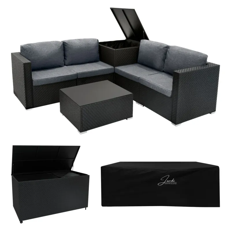 Rattan Gartenmöbel Set modular 6‑teilig mit 700L Aufbewahrungsbox – Schwarz + Regenschutz