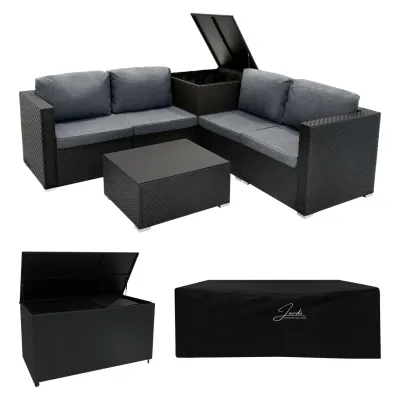 Rattan Gartenmöbel Set modular 6‑teilig mit 700L Aufbewahrungsbox – Schwarz + Regenschutz