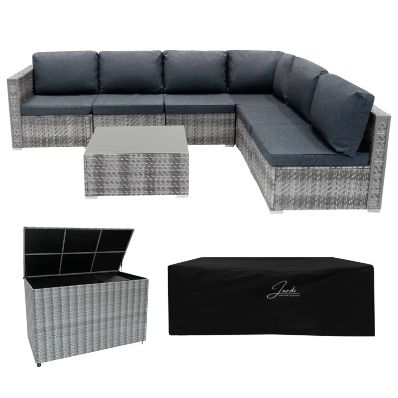 Rattan Gartenmöbel Set grau – 7‑teilig modular mit 700L Aufbewahrungsbox + Regenschutz