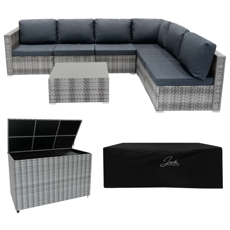 Rattan modulares 7‑teiliges Möbelset grau mit 996L Aufbewahrungsbox – UV‑beständig+ Regenschutz
