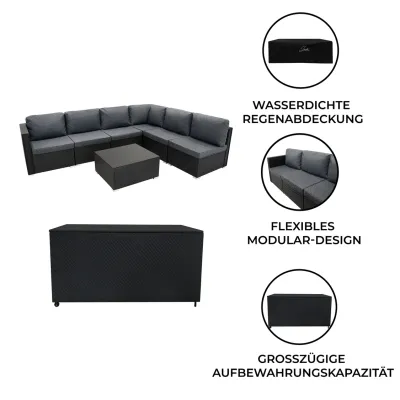Rattan Gartenmöbel Set schwarz – 7‑teilig modular mit 700L Aufbewahrungsbox + Regenschutz