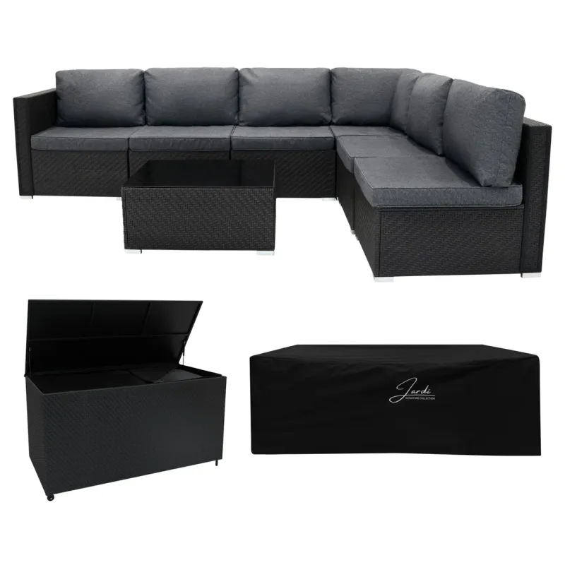 Rattan Gartenmöbel Set schwarz – 7‑teilig modular mit 700L Aufbewahrungsbox + Regenschutz