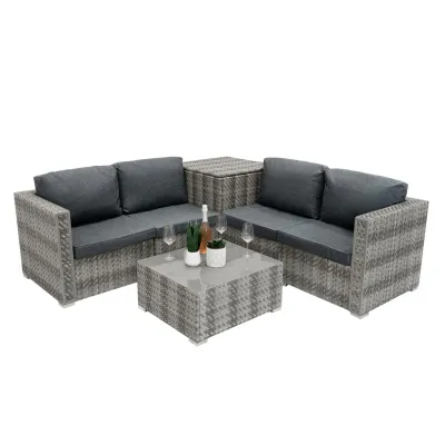 Rattan Modular 6‑teiliges Möbelset – Grau | Polyrattan, 250 l Box, Tisch + Regenschutz