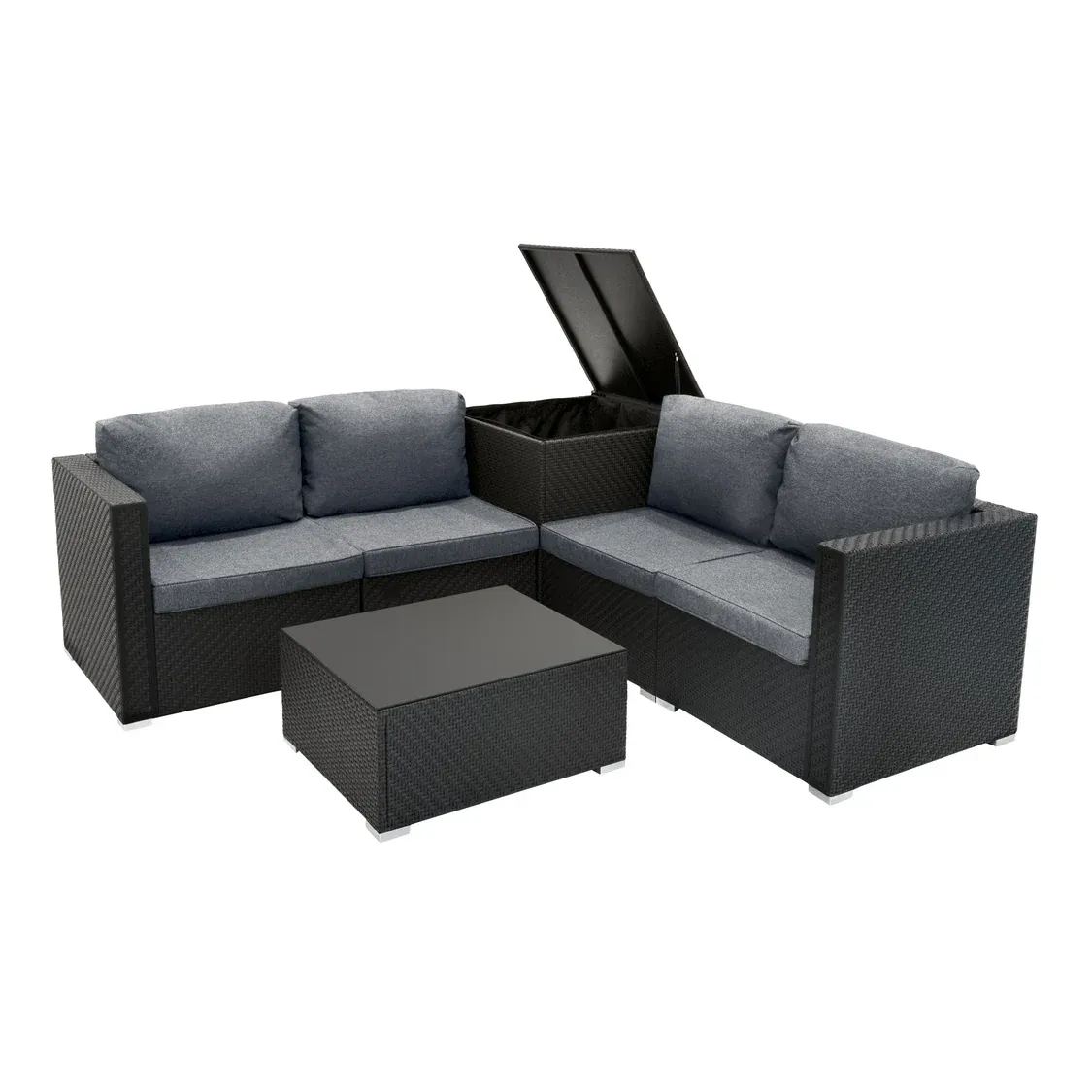 Rattan Modular 6‑teiliges Möbelset – schwarz | Polyrattan, 250 l Box, Tisch + Regenschutz