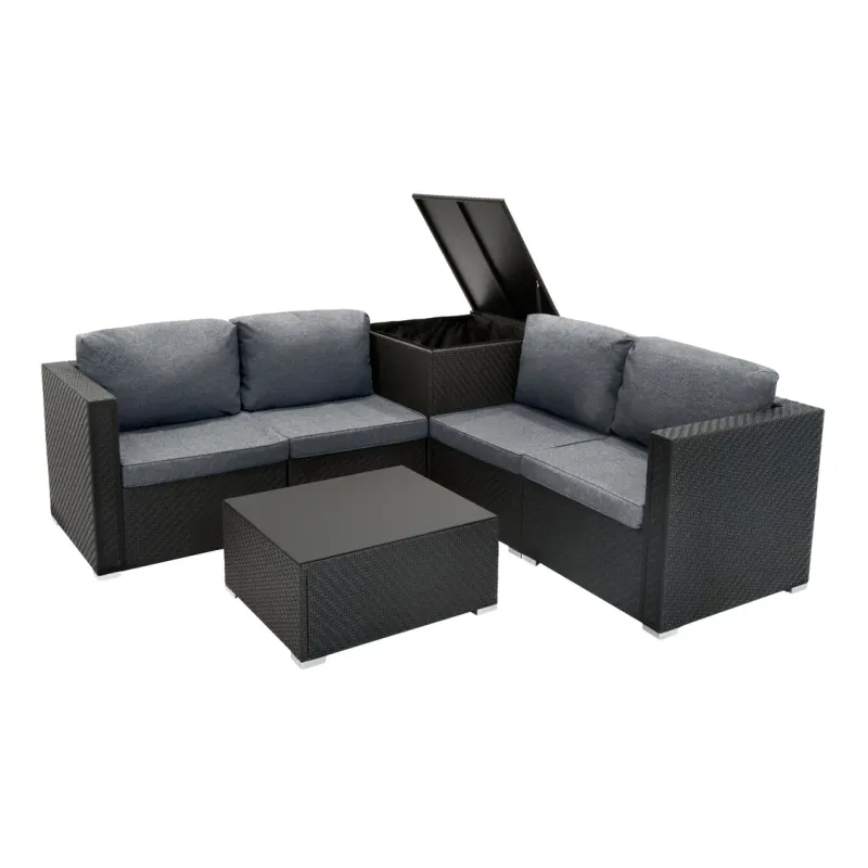 Rattan Modular 6‑teiliges Möbelset – schwarz | Polyrattan, 250 l Box, Tisch + Regenschutz