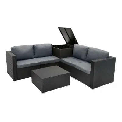 Rattan Modular 6‑teiliges Möbelset – schwarz | Polyrattan, 250 l Box, Tisch + Regenschutz