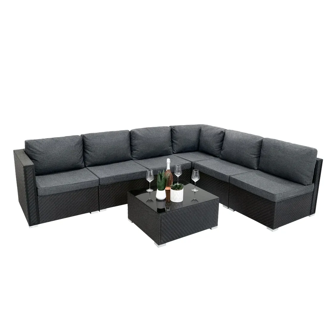 Rattan Modular 7‑teiliges Möbelset – schwarz | Polyrattan, Tisch, wetterfest + Regenabdeckung