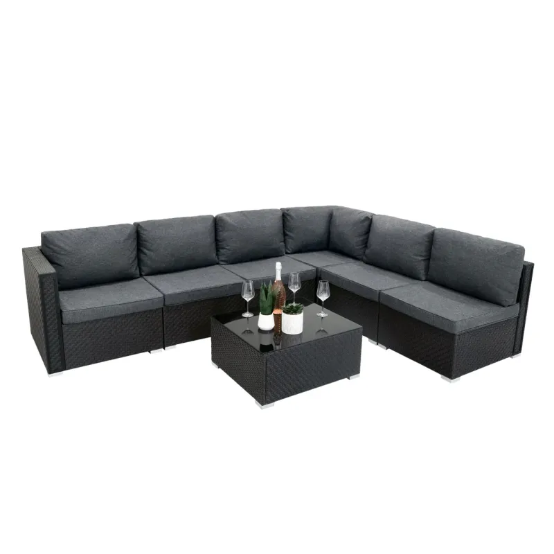 Rattan Modular 7‑teiliges Möbelset – schwarz | Polyrattan, Tisch, wetterfest + Regenabdeckung