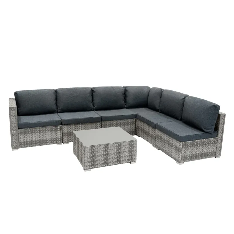 Rattan Modular 7‑teiliges Möbelset – Grau | Polyrattan, Tisch, wetterfest + Regenabdeckung