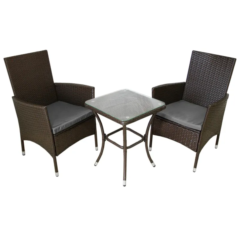 Rattan Bistro Set – Braun | 2 Personen, 5 cm Kissen, Glastisch + Regenschutz