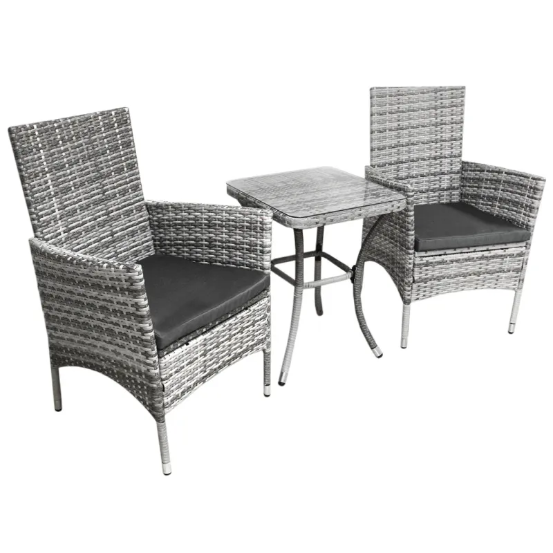 Rattan Bistro Set – Hellgrau | 2 Personen, 5 cm Kissen, Glastisch + Regenschutz