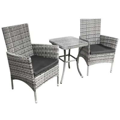 Rattan Bistro Set – Hellgrau | 2 Personen, 5 cm Kissen, Glastisch + Regenschutz