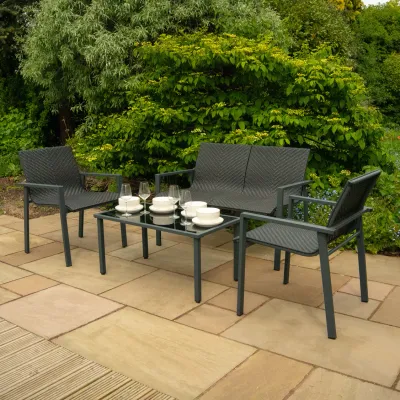 Rattan Terrassenmöbel Set – Schwarz | 4‑teilig, Polyrattan, Glastisch
