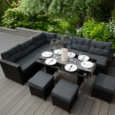 Rattan Eckgarnitur Set mit 582L Kissenbox – Schwarz | 9‑Sitzer, Glastisch