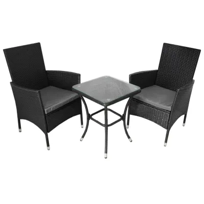 Rattan Bistro Set – Schwarz | 2 Personen, 5 cm Kissen, Glastisch + Regenschutz