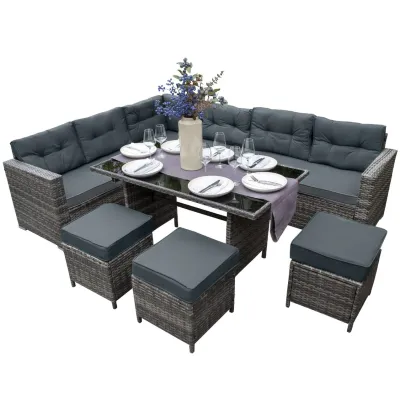 Rattan Eckgarnitur 9‑Sitzer – Grau | Polyrattan Lounge‑Set mit Tisch + Regenschutz