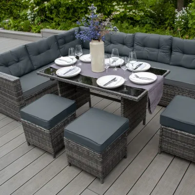 Rattan Eckgarnitur Set mit 582L Kissenbox – Grau | 9‑Sitzer, Glastisch