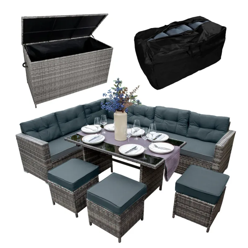 Rattan Eckgarnitur Set mit 582L Kissenbox – Grau | 9‑Sitzer, Glastisch