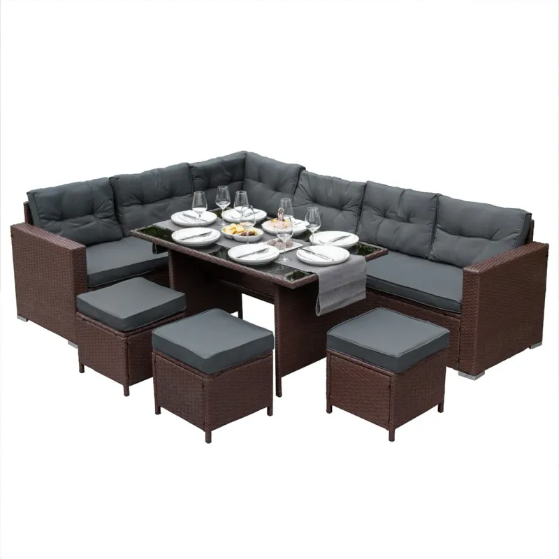 Rattan Eckgarnitur 9‑Sitzer – Braun | Polyrattan Lounge‑Set mit Tisch + Regenschutz
