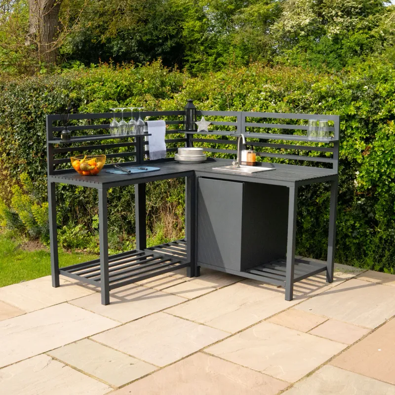 Aluminium Outdoor Küchen‑Set, 3‑teilig – Anthrazit | Spüle, Eck‑ & Tischmodul