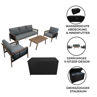 Aluminium Sofagarnitur 4‑teilig + 582L Rattan‑Box – Holz/Schwarz