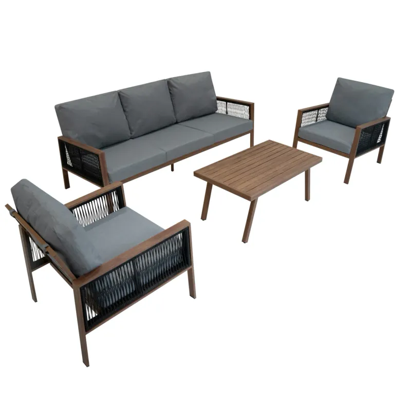 Aluminium Sofagarnitur 4‑teilig + 582L Rattan‑Box – Holz/Schwarz
