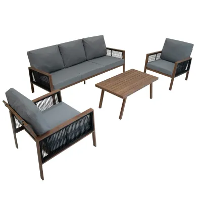 Aluminium Sofagarnitur 4‑teilig + 582L Rattan‑Box – Holz/Schwarz