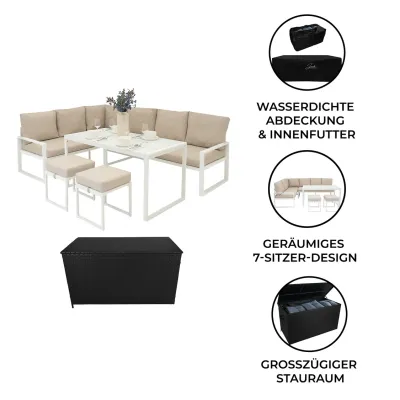 Aluminium Ecksofa‑Set 5‑teilig – Weiss + 582L Rattan‑Box | Gehärtetes Glas