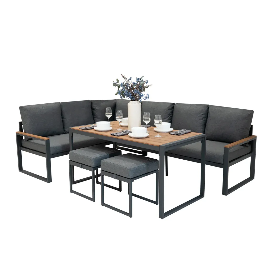 Aluminium Ecksofa‑Set 5‑teilig – Holz + 582L Rattan‑Box | Gehärtetes Glas