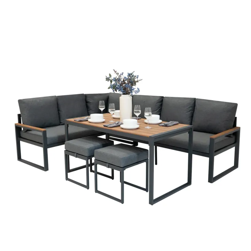 Aluminium Ecksofa‑Set 5‑teilig – Holz + 582L Rattan‑Box | Gehärtetes Glas