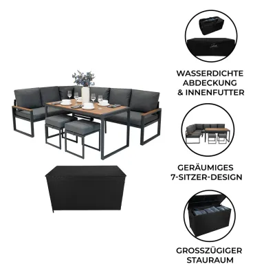 Aluminium Ecksofa‑Set 5‑teilig – Holz + 582L Rattan‑Box | Gehärtetes Glas
