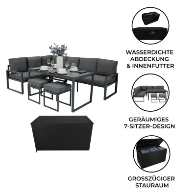 Aluminium Ecksofa‑Set 5‑teilig – Anthrazitgrau + 582L Rattan‑Box