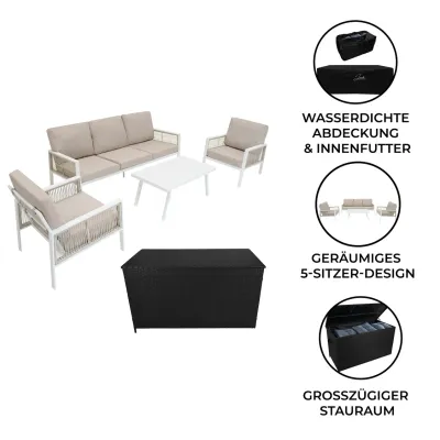 Aluminium Sofagarnitur 4‑teilig – Weiss + 582L Rattan‑Box | Outdoor‑Set