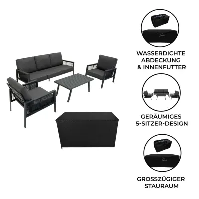 Aluminium Sofagarnitur 4‑teilig – Anthrazitgrau + 582L Rattan‑Box