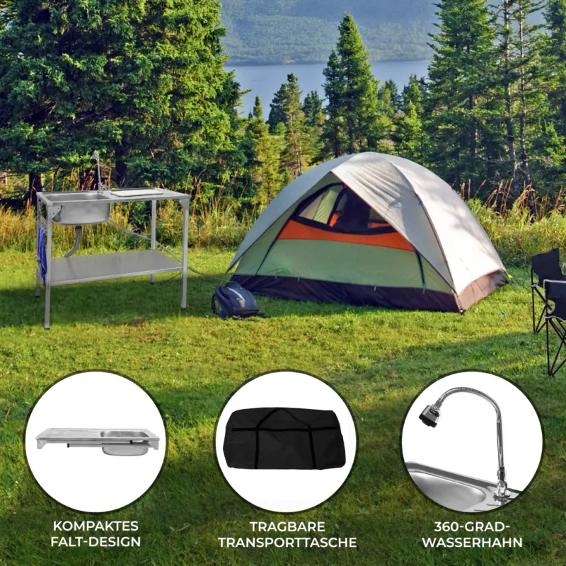 Faltbarer Edelstahl Camping‑Spültisch – 28L, rechts Abtropffläche, höhenverstellbar