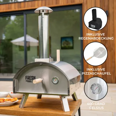 Premium Outdoor‑Pizzaofen – Edelstahl, 500°C, Holz/Kohle/Pellets, kompakt